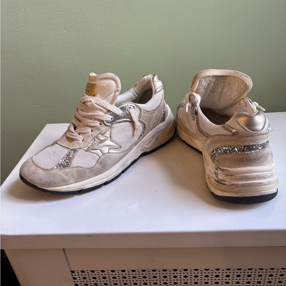 Golden Goose White and Gold Dad Star Sneakers